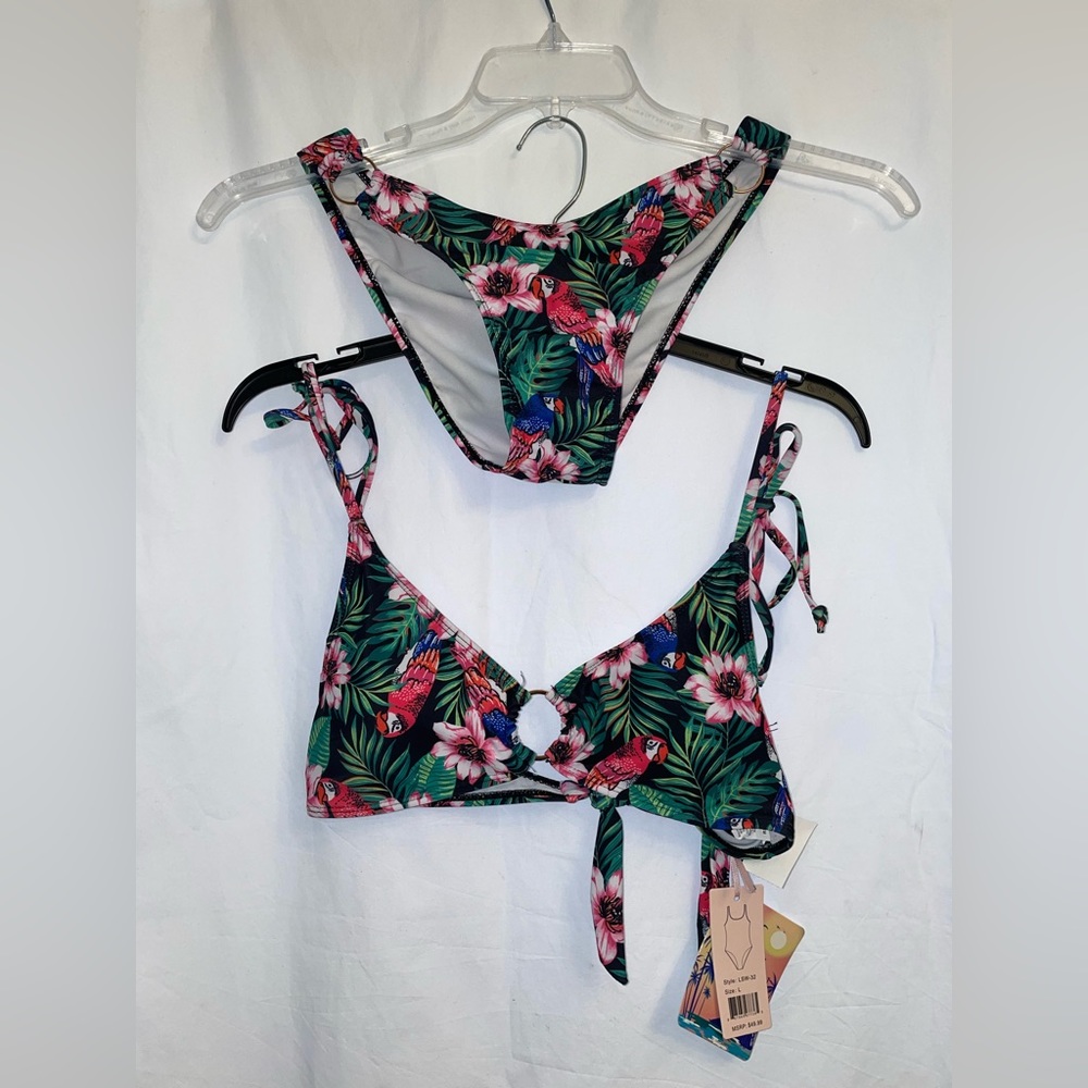 Emme Jordan Tropical Print 2 Piece Bikini Tie Shoulders Size L. NWT